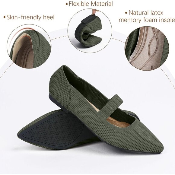 Women's Flats Shoes Pointed Toe Ballet Comfortable Dressy Mary Jane Flat Green - Picture 2 of 6